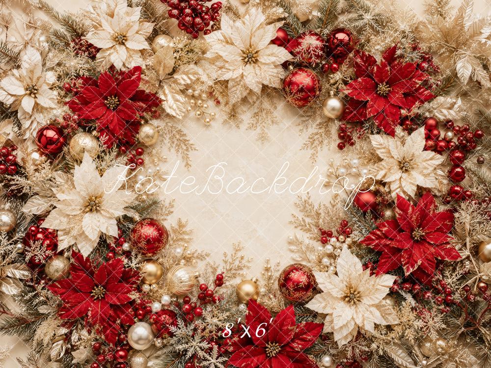 Kate Christmas Red Gold Poinsettia Wreath Ornaments Printed Backdrop Designed by Megan Leigh Photography