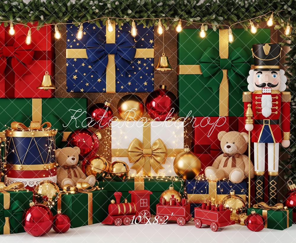 Kate Christmas Nutcracker Gift Boxes Drum Train Teddy Bear Backdrop Designed by Patty Roberts