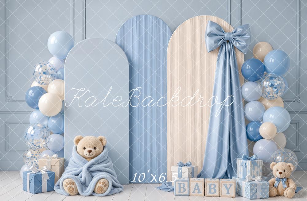 Kate Cake Smash Blue Teddy Bear Balloon Arch Bow Printed Backdrop Designed by Emetselch