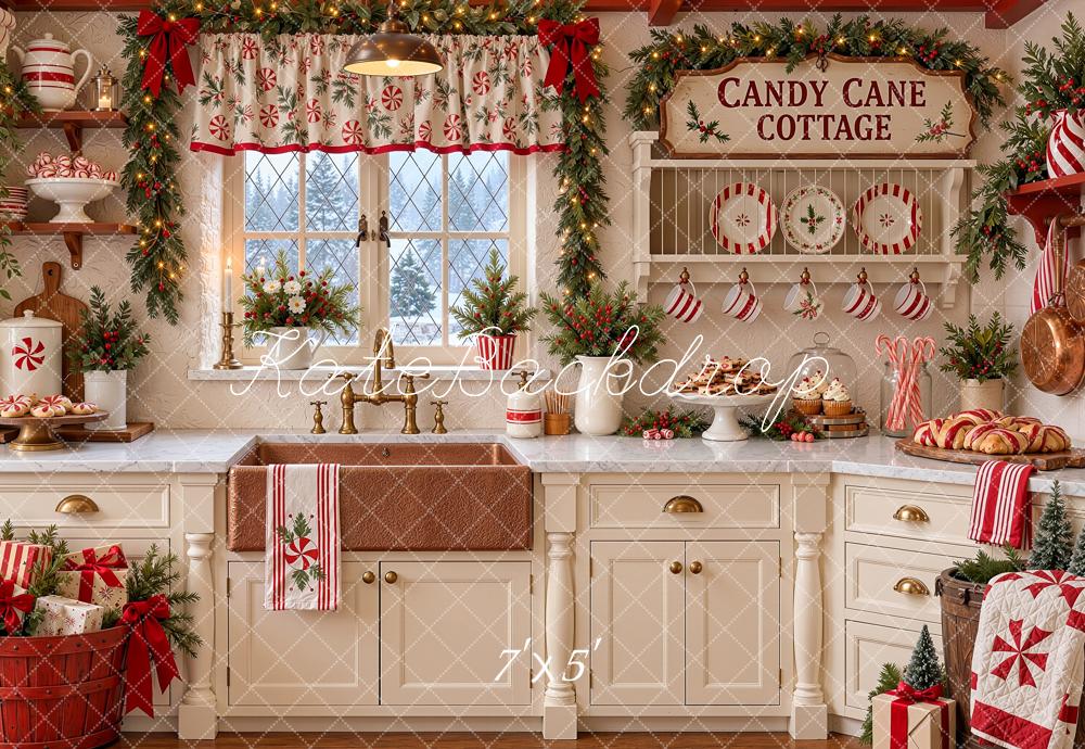Kate Christmas Kitchen Cottage Candy Cane Rustic Window White Printed Backdrop Designed by Shutter Swan Studios