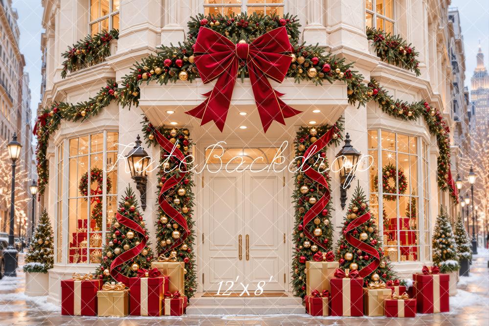 Kate Christmas Red Storefront Garland Bow Gift Boxes Printed Backdrop Designed by Emetselch