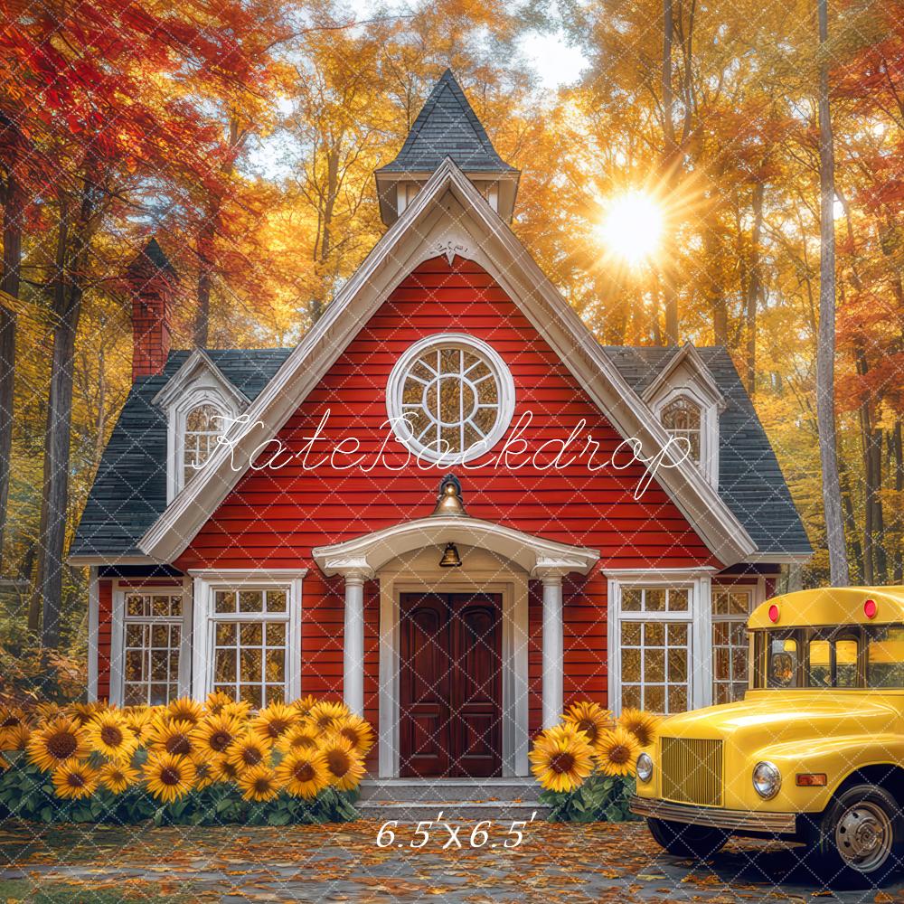Kate Fall Schoolhouse Sunflower Forest Backdrop Designed by Mini MakeBelieve
