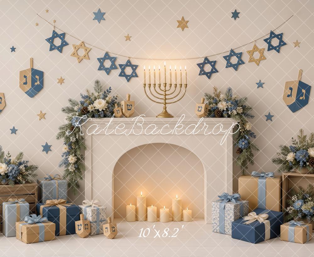 Kate Hanukkah Fireplace Menorah Dreidels Gifts Printed Backdrop Designed by Ashley Ward