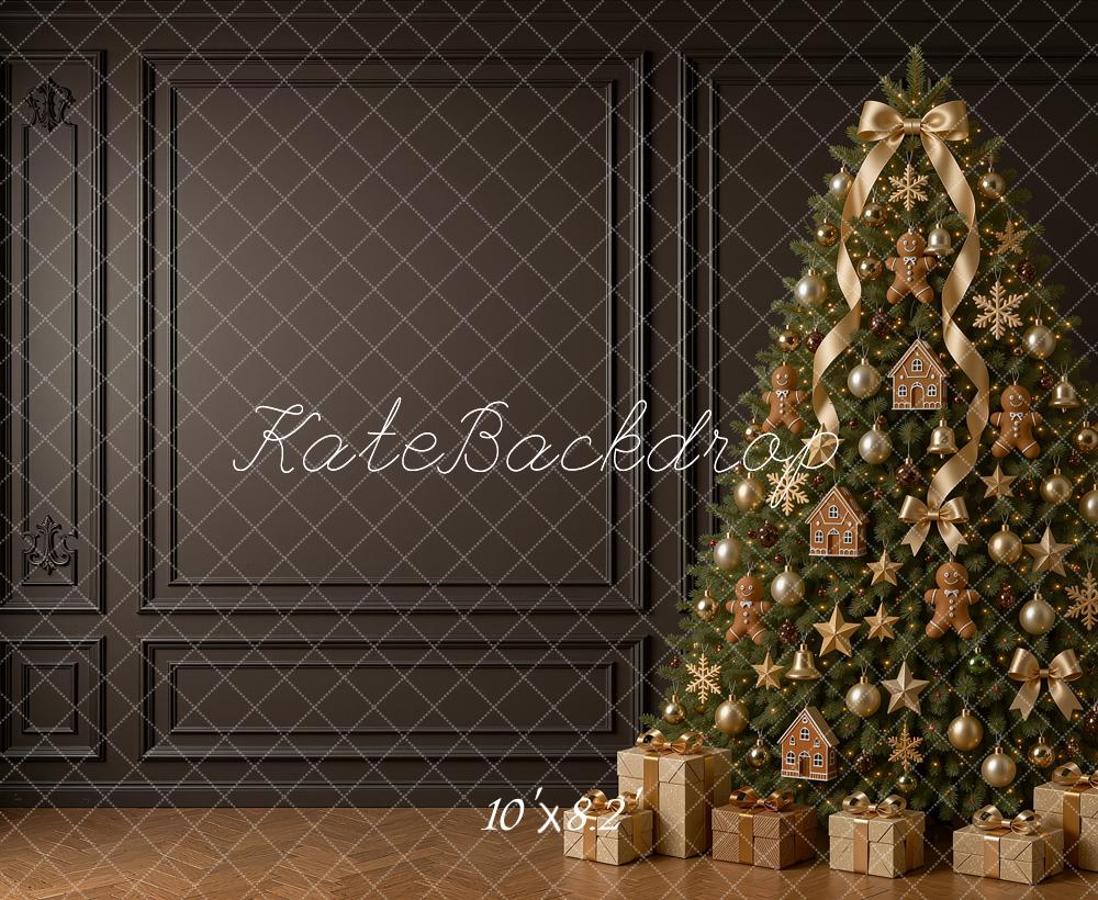 Kate Christmas Gingerbread Tree Gifts Black Paneled Wall Printed Backdrop Designed by Shutter Swan Studios