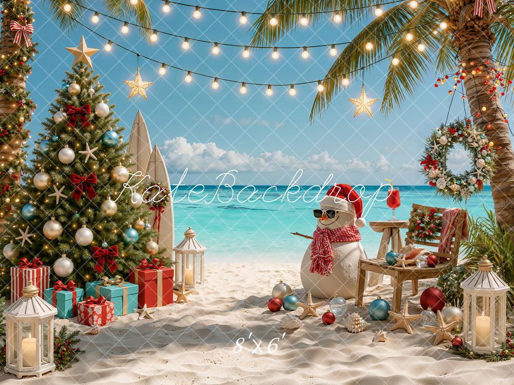 Kate Christmas Tropical Beach Snowman Tree Printed Backdrop Designed by Emetselch