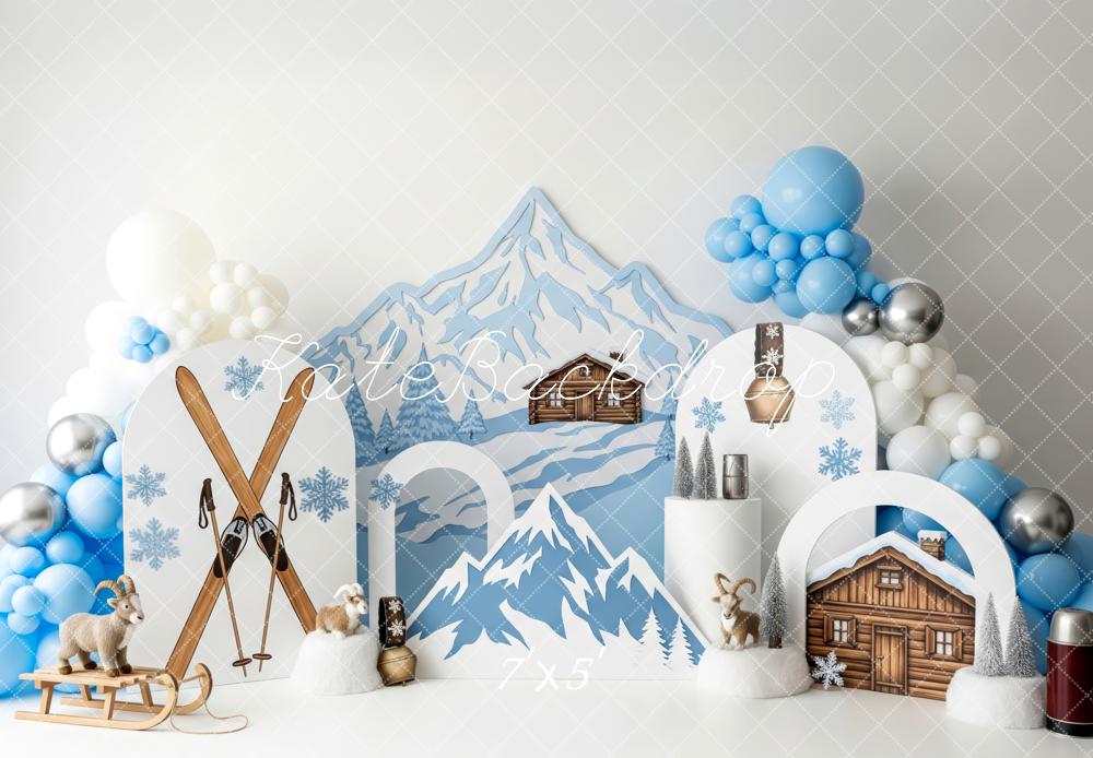 Kate Cake Smash Winter Mountain Chalet Ski Snowflakes Balloons Backdrop Designed by Patty Roberts