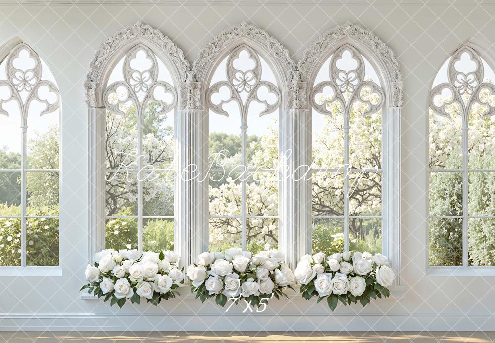 Kate Spring White Roses Gothic Windows Printed Backdrop Designed by Mini MakeBelieve