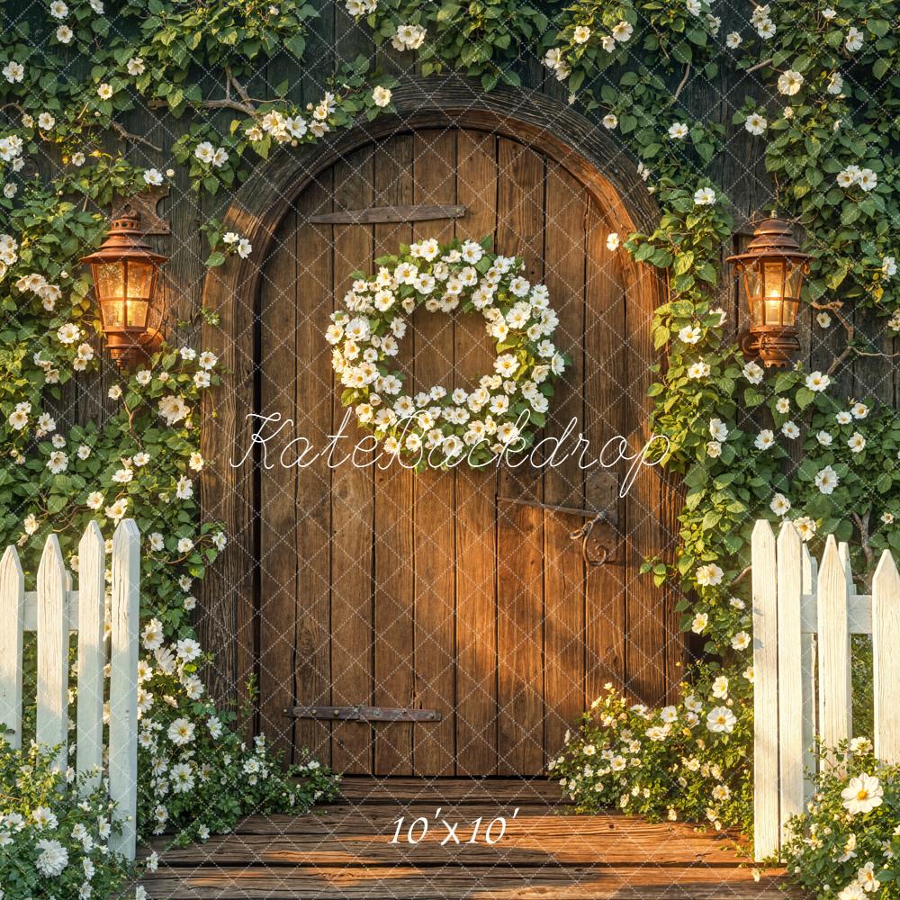 Kate Spring Wooden Door White Floral Wreath Garden Fence Backdrop Designed by Emetselch
