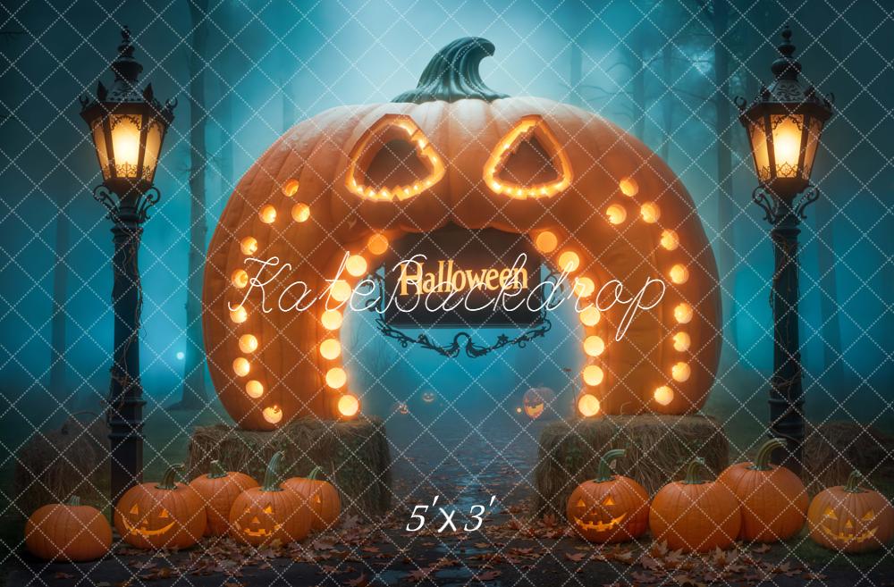 Kate Halloween Giant Pumpkin Archway Lanterns Forest Backdrop Designed by Chain Photography