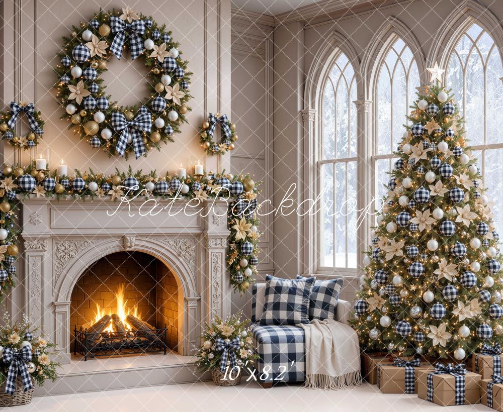 Kate Christmas Fireplace Plaid Wreath Tree Window Printed Backdrop Designed by Mini MakeBelieve