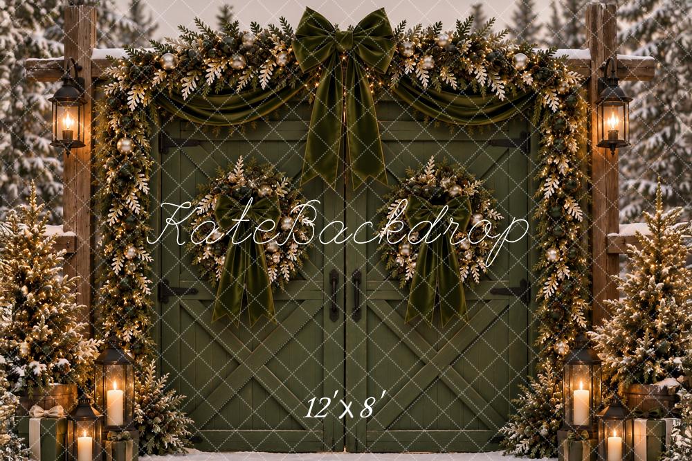 Kate Christmas Green Barn Door Garland Velvet Bow Snow Printed Backdrop Designed by Ashley Paul