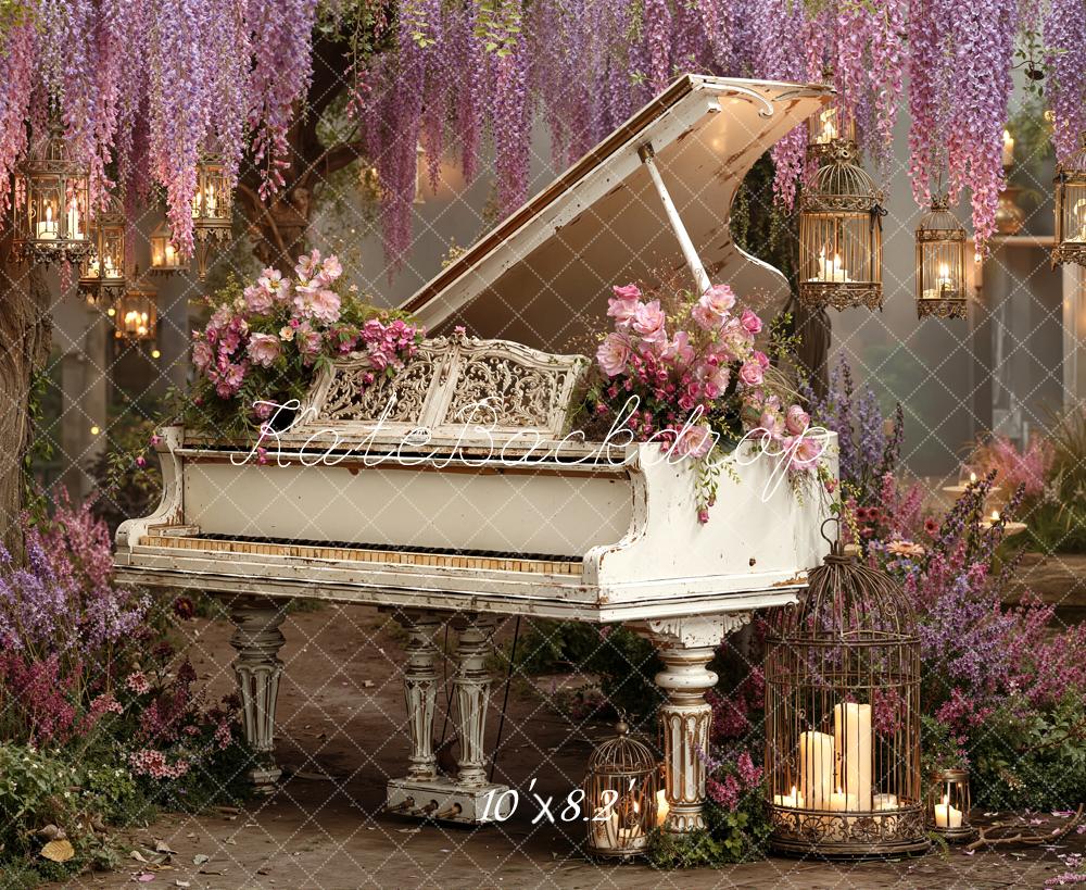 Kate Floral White Piano With Hanging Lanterns And Wisteria Backdrop Designed by Emetselch