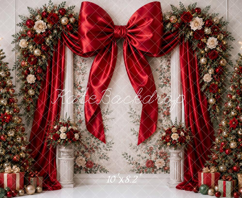 Kate Christmas Red Bow Floral Arch Trees Fine Art Wall Printed Backdrop Designed by Ashley Ward