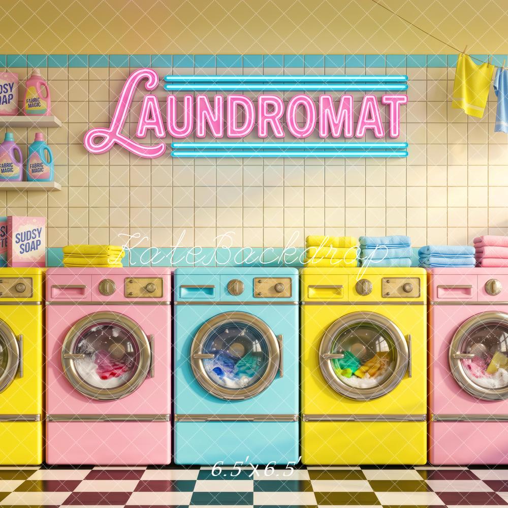 Kate Retro Pastel Laundromat Washing Machines Printed Backdrop Designed by Patty Roberts