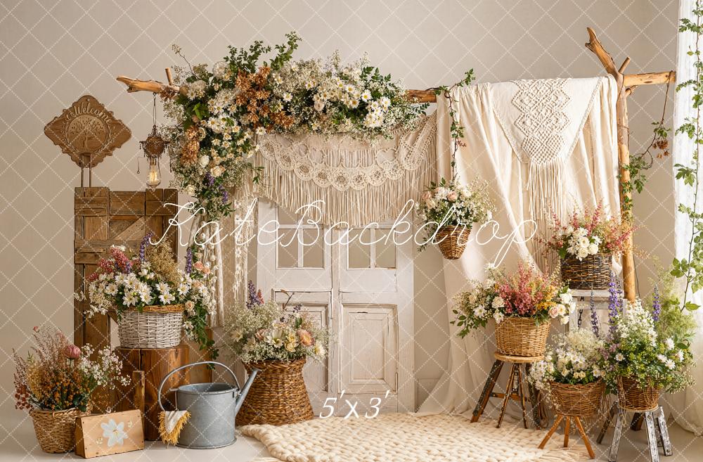 Kate Boho Flower Arch Macrame Wicker Baskets Neutral Printed Backdrop Designed by Emetselch