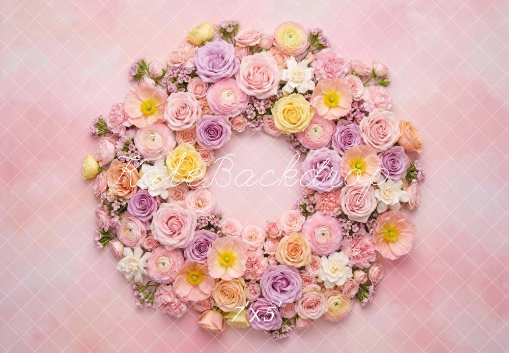 Kate Pink Flower Arch Pastel Floral Wreath Newborn Printed Backdrop Designed by Mini MakeBelieve