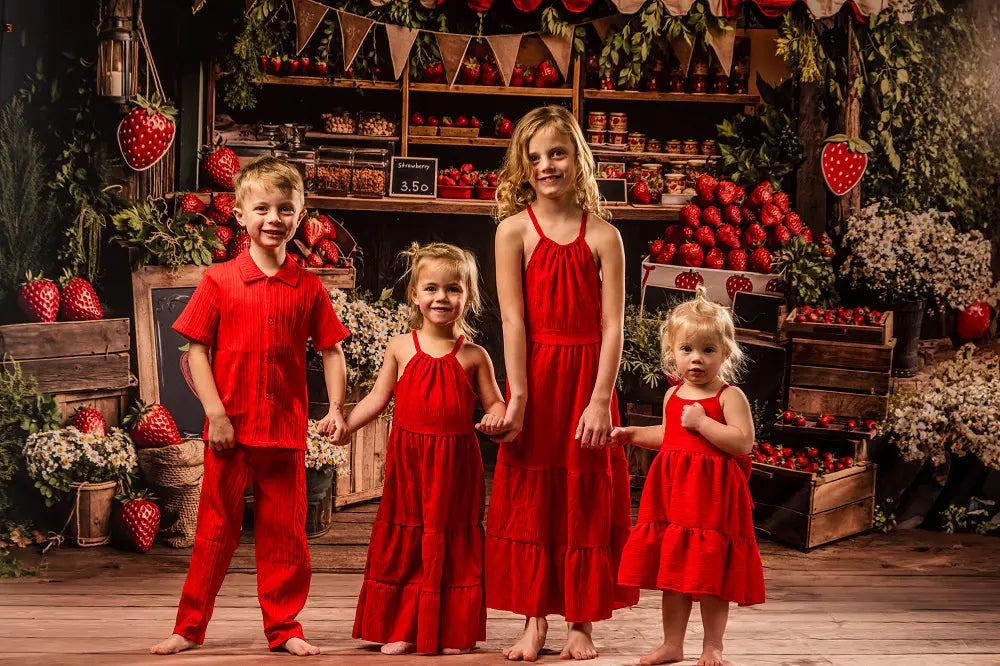 Kate Summer Strawberry Market Stand with Flowers and Crates Backdrop+Light Brown Wood Plank Floor Backdrop