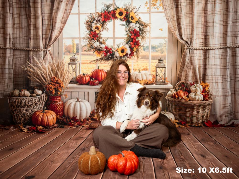 Kate Fall Rustic Pumpkin Wreath Window Printed Backdrop+Brown Wooden Plank Retro Floor Printed Backdrop