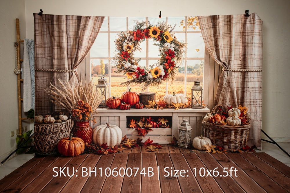 Kate Fall Rustic Pumpkin Wreath Window Printed Backdrop+Brown Wooden Plank Retro Floor Printed Backdrop