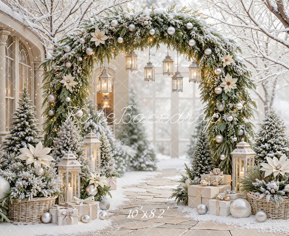 Kate Christmas Floral Pine Arch Lanterns Snowy Outdoor Printed Backdrop Designed by Emetselch
