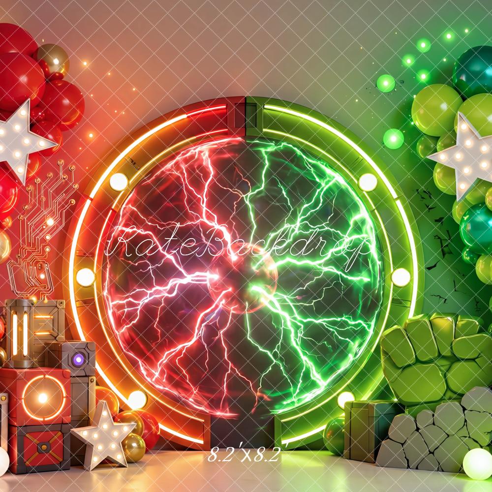 Kate Cake Smash Superhero Portal Electric Balloons Science Printed Backdrop Designed by Mini MakeBelieve