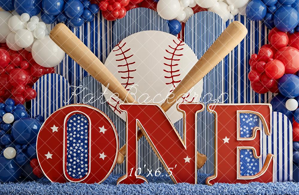 Kate Cake Smash Baseball Bats Balloons ONE Letters Red White Blue Printed Backdrop Designed by Emetselch