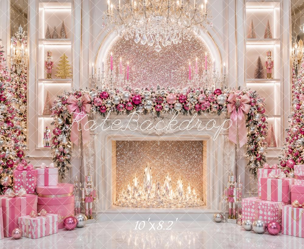 Kate Christmas Luxury Pink Fireplace Chandelier Trees Presents Printed Backdrop Designed by Ashley Paul