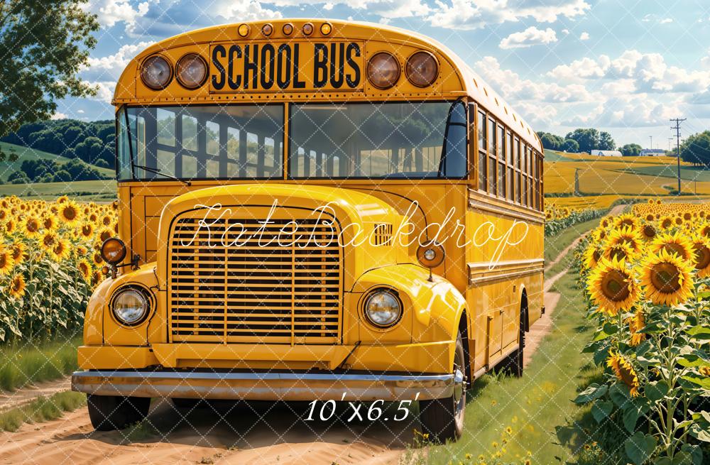 Kate Back to School Fall Yellow School Bus Sunflower Field Backdrop Designed by Emetselch