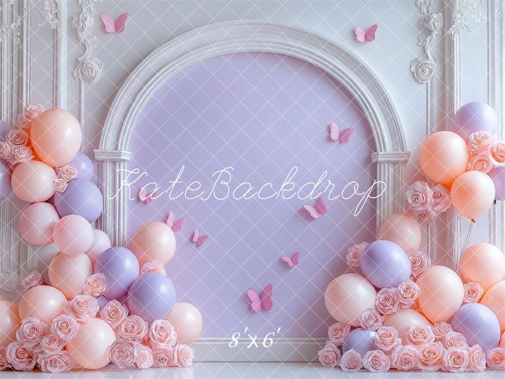 Kate Purple Pastel Balloons Floral Arch Backdrop Designed by Mini MakeBelieve