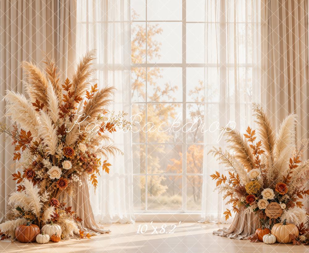 Kate Fall Pampas Floral Pumpkin Window Printed Backdrop Designed by Emetselch