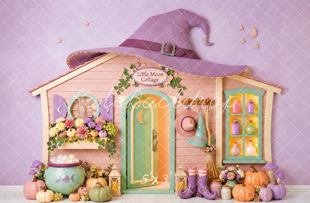 Kate Halloween Purple Witch Cottage Pumpkins Kids Printed Backdrop Designed by Patty Roberts