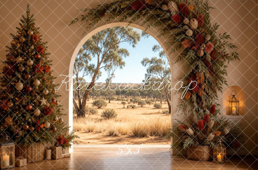 Kate Christmas Floral Arch Australian Outback Christmas Tree Printed Backdrop Designed by Ashley Ward
