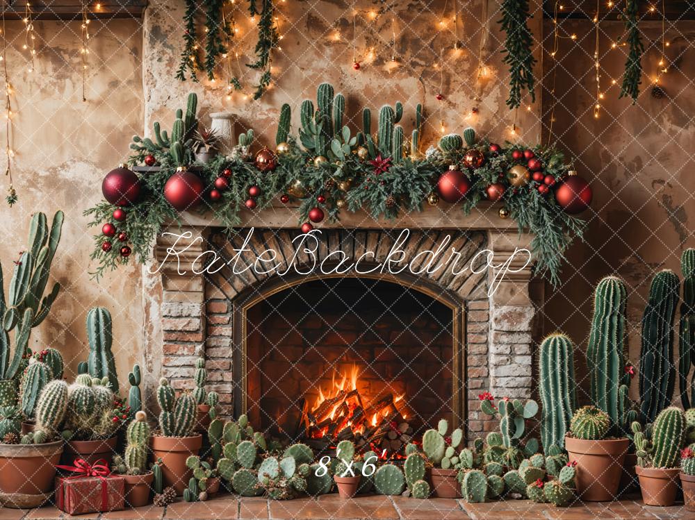 Retro Wand Kerst Cactus Haard Foto Achtergrond Designed by Emetselch