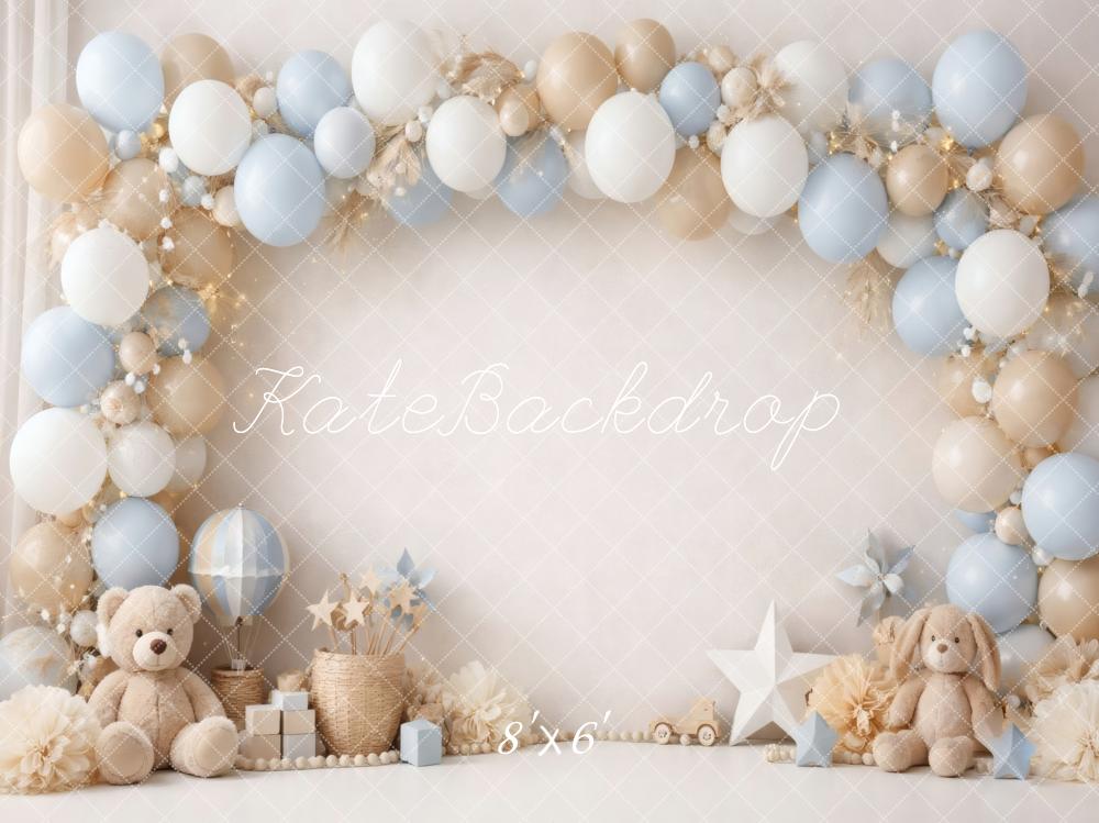 Kate Cake Smash Balloon Arch Teddy Bear Blue Beige Nursery Printed Backdrop Designed by Vertigo Productions