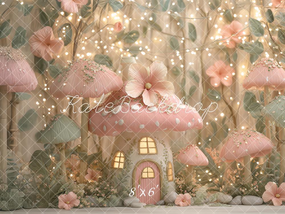 Kate Fairy Fantasy Pink Mushroom House Printed Backdrop Designed by Ashley Paul