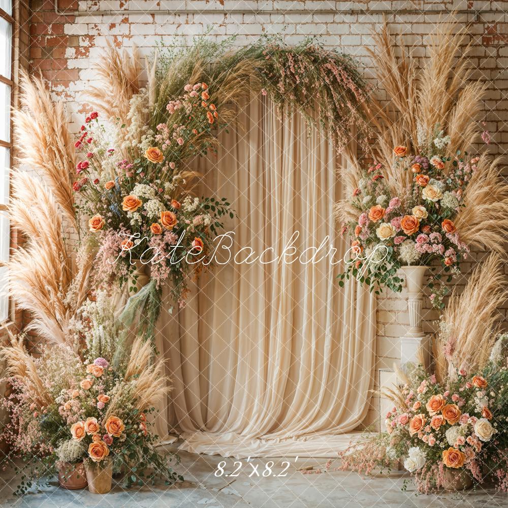 Kate Boho Pampas Grass Beige Flower Arch Window Backdrop Designed by Emetselch