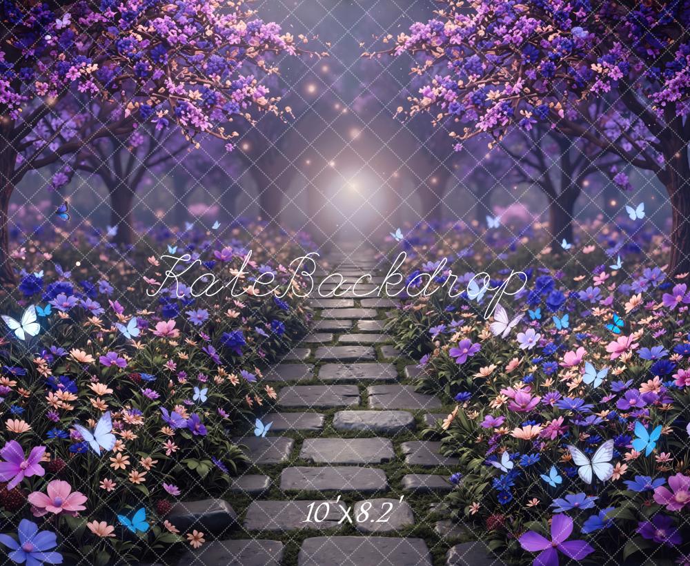 Kate Fairy Fantasy Stone Path Purple Flowers Butterflies Printed Backdrop Designed by Mini MakeBelieve