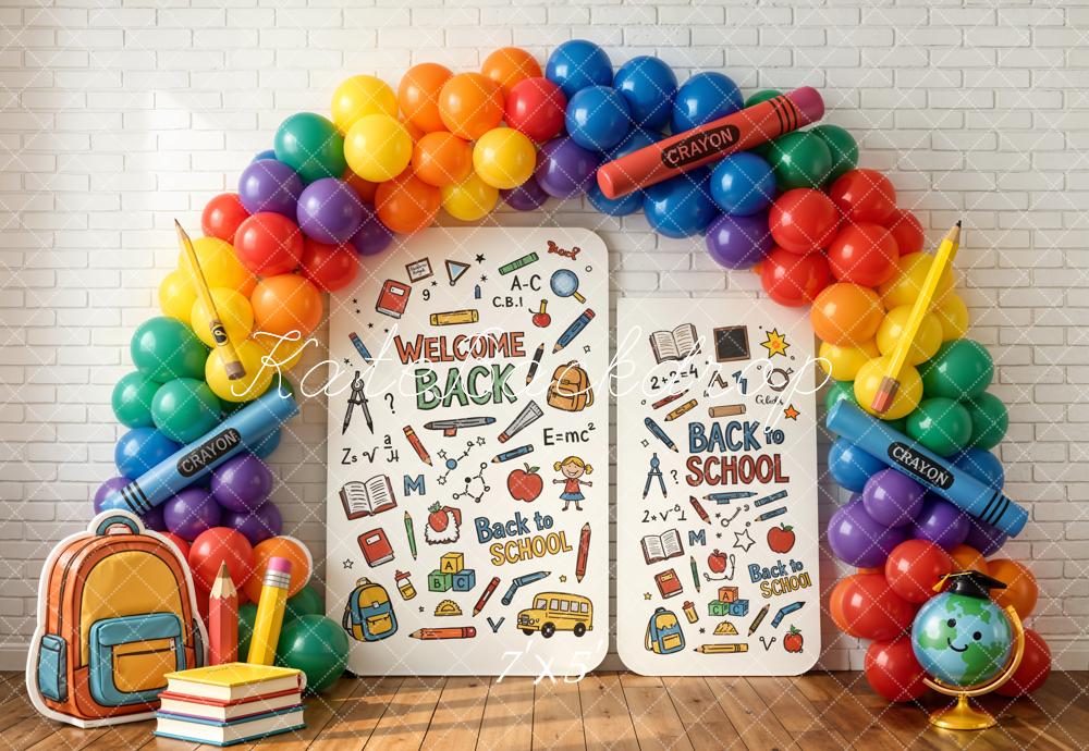 TEST Kate Back to School Rainbow Balloon Arch Crayon Books Backpack Printed Backdrop Designed by Chain Photography