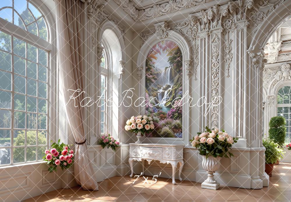 Kate Summer Elegant White Mansion Flowers Waterfall Window Printed Backdrop Designed by Mini MakeBelieve