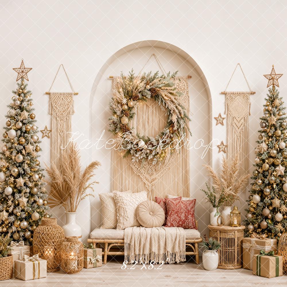 Kate Christmas Boho Macrame Wreath Christmas Trees Pillows Printed Backdrop Designed by Emetselch