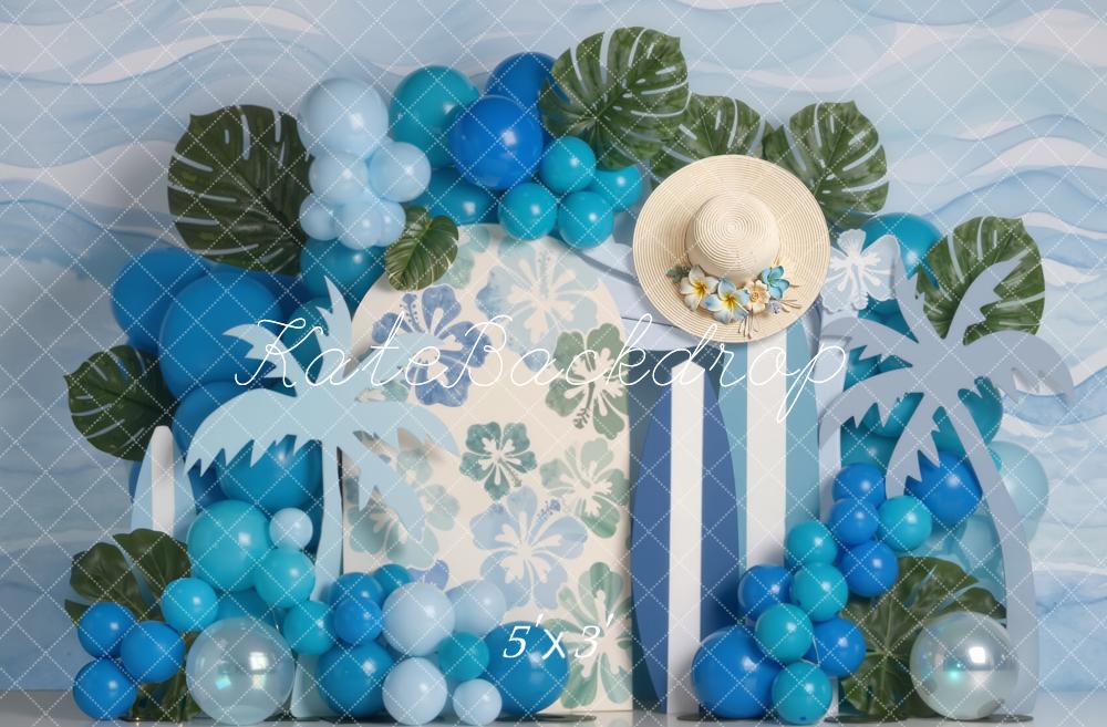 Kate Summer Palm Leaves Blue Balloons Straw Hat Printed Backdrop Designed by Emetselch