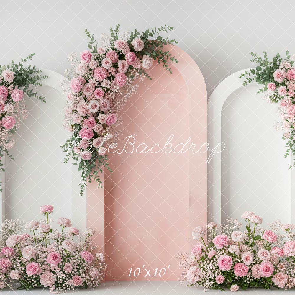 Kate Spring Pink Flower Arch With Floral Arrangements Printed Backdrop Designed by Patty Roberts