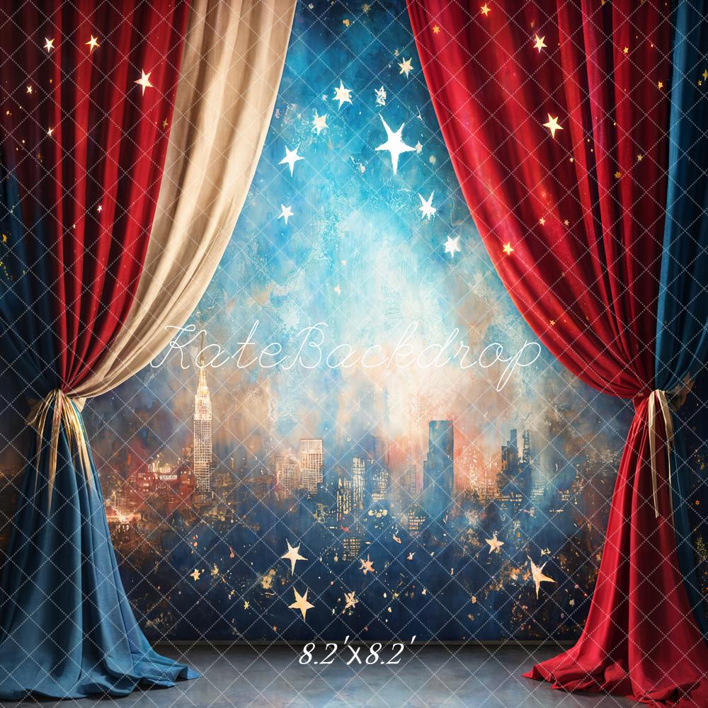 Kate Independence Day Red Curtains Blue Starry City Backdrop Designed by Chain Photography