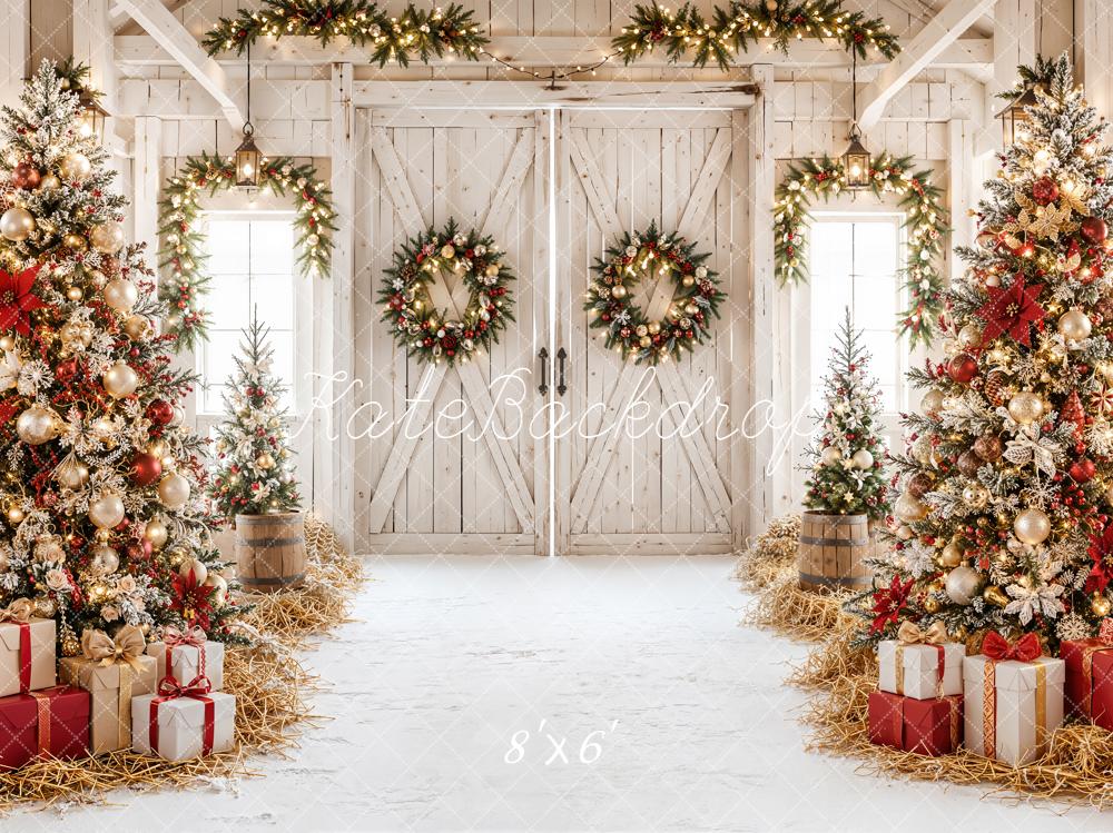 Kate Christmas Rustic Barn Trees Wreaths Gifts Snow Printed Backdrop Designed by Emetselch