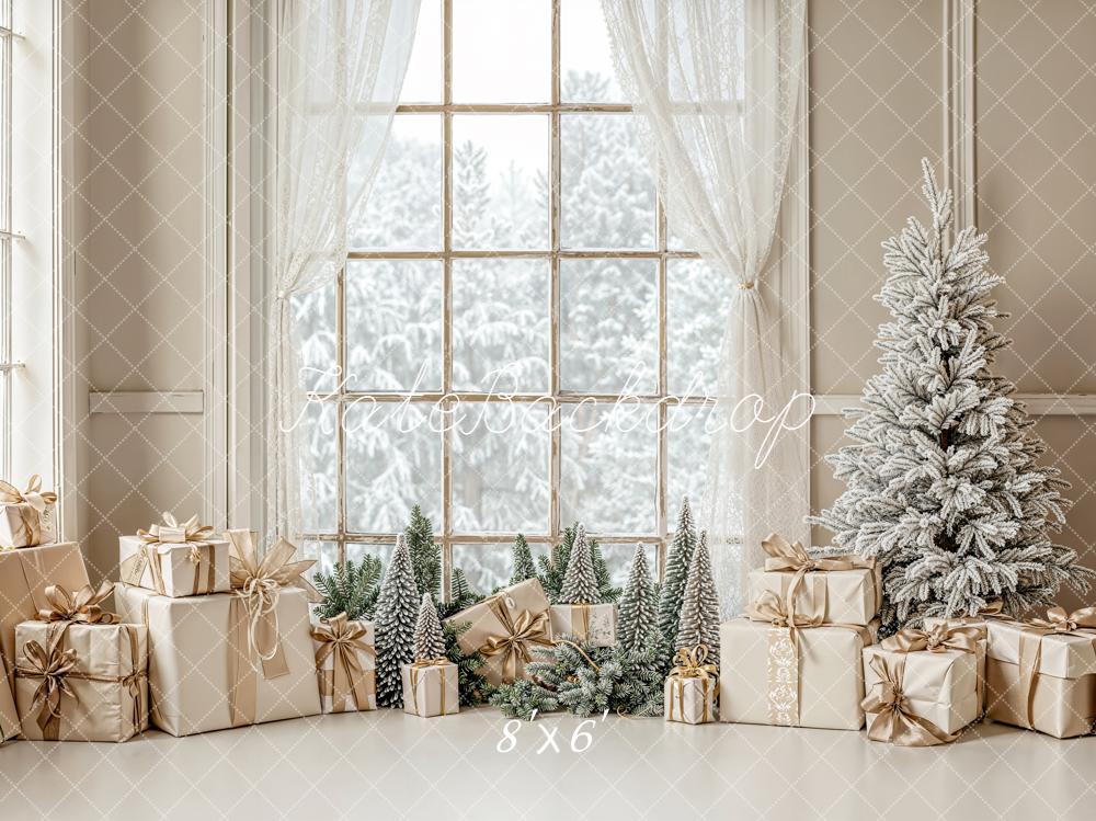 Kate Christmas Snowy Tree Gold Gifts Window Curtain Backdrop Designed by Emetselch