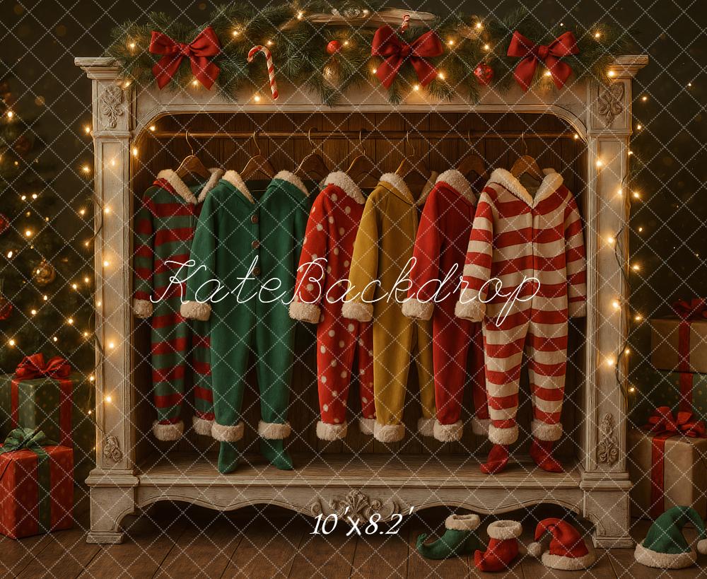 Kate Christmas Pajamas Closet Tree Lights Printed Backdrop Designed by Ashley Paul