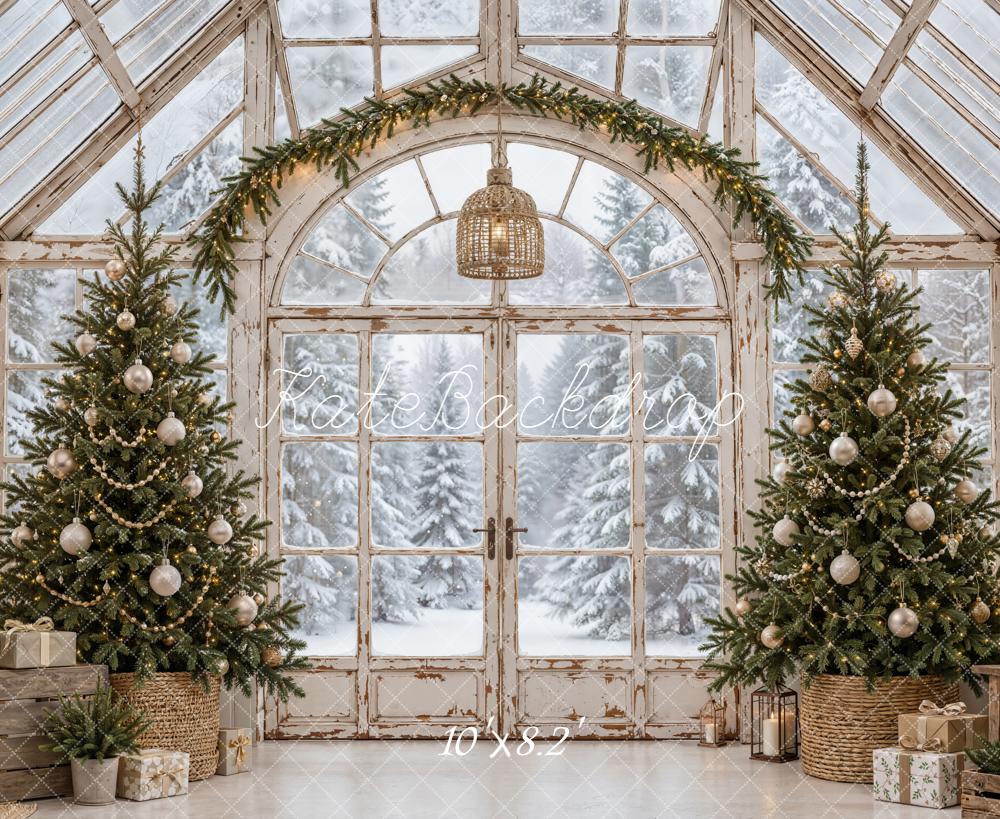 Kate Christmas Vintage Greenhouse Christmas Trees Garland Snowy Printed Backdrop Designed by Emetselch