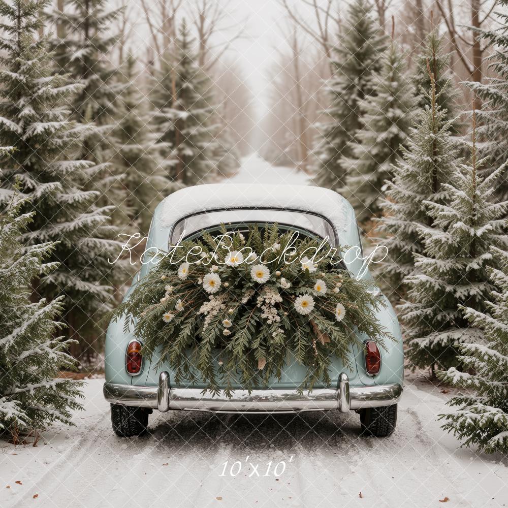 Kate Christmas Winter Vintage Car Evergreen Forest Flowers Snow Printed Backdrop Designed by Ashley Ward
