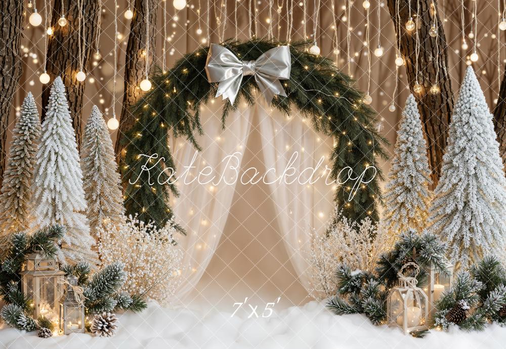 Kate Christmas Bow Arch Snowy Trees Lights Backdrop Designed by Emetselch