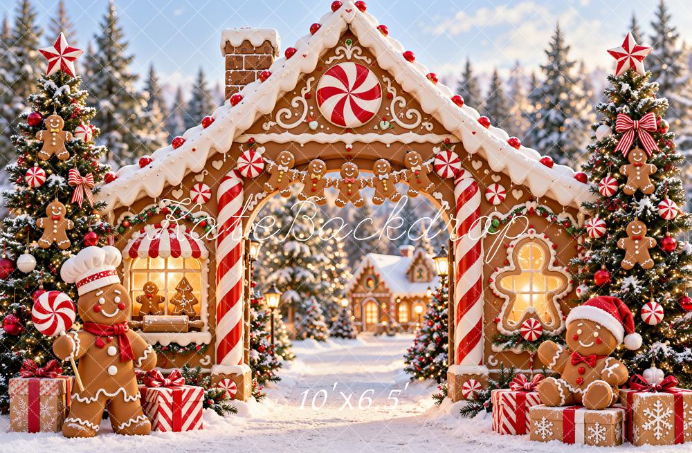 Kate Christmas Gingerbread House Candy Cane Arch Snowy Printed Backdrop Designed by Chain Photography